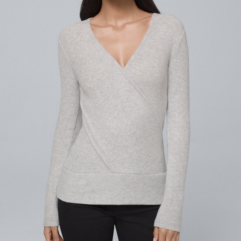 White House Black Market Ribbed Wrap Top Long Sleeve Grey V Neck Extra Small